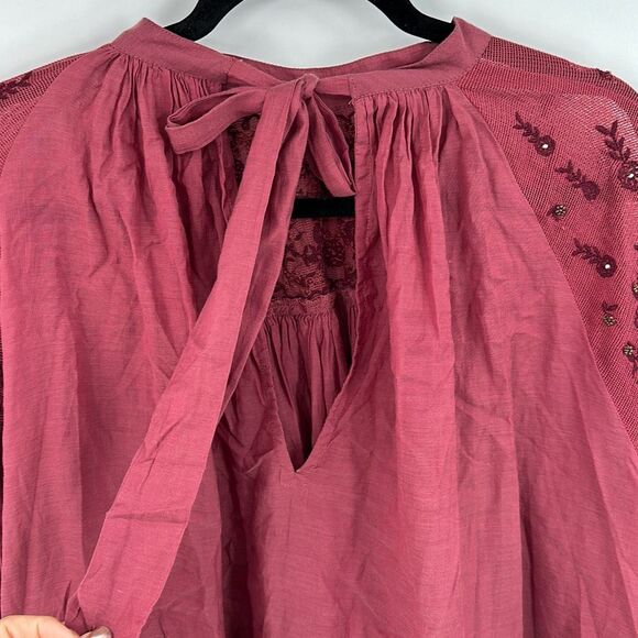Free People Womens Red Long Puff Sleeve Beaded Embroidered Blouse Small - Picture 11 of 15